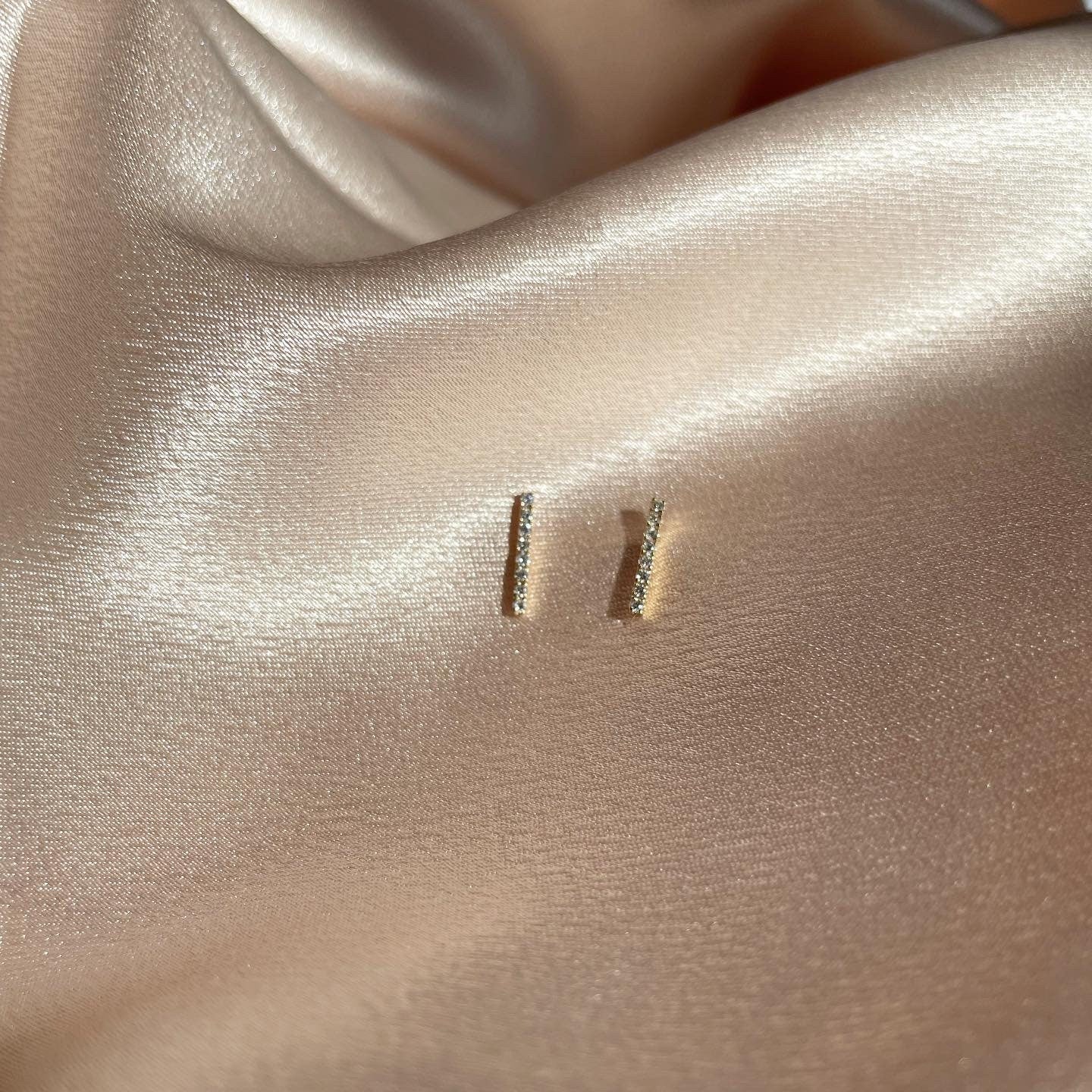 14K Solid Gold Bar Diamond Studs