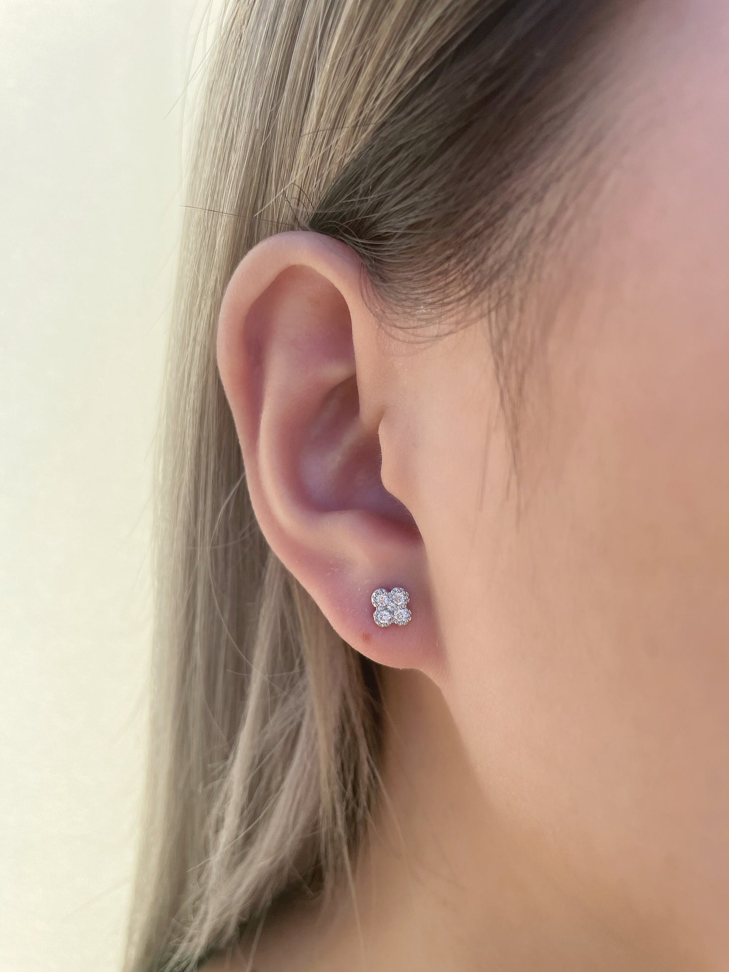 14K Solid Gold Natural Diamond Clover Studs