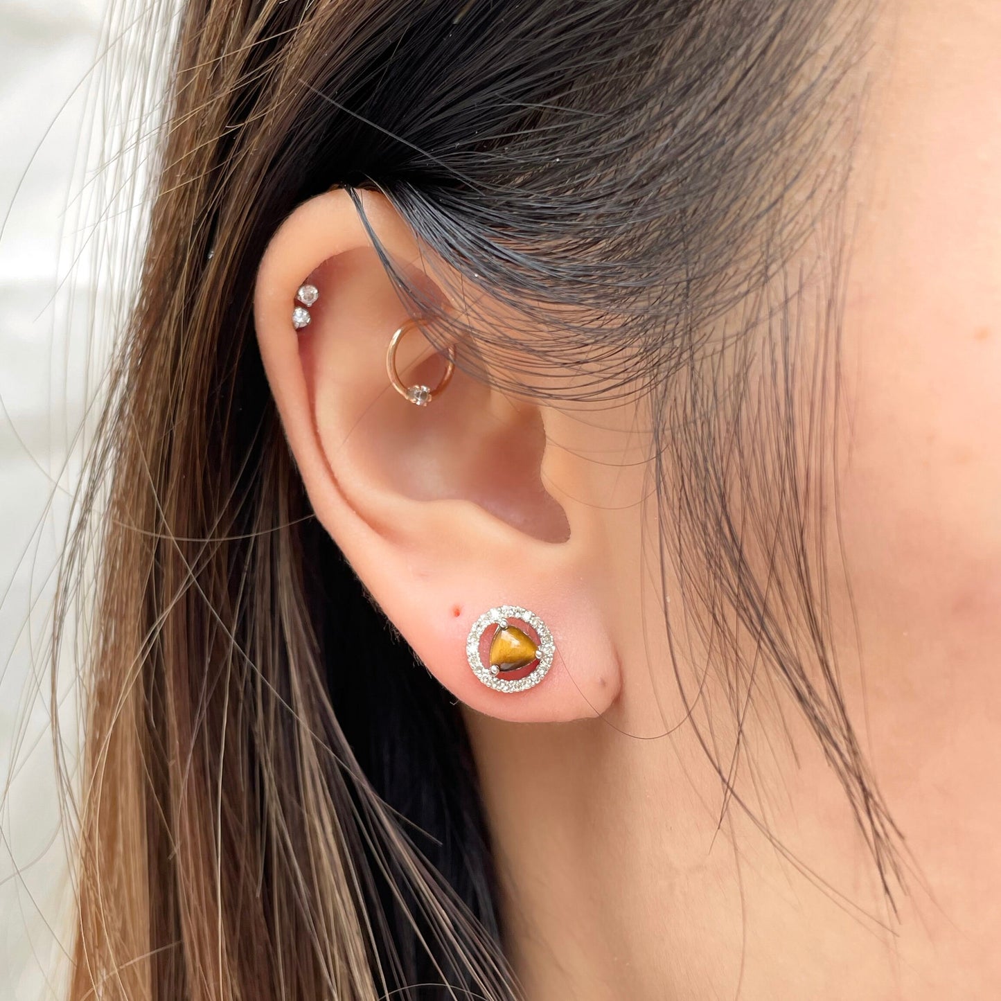 14K Solid Gold Diamond and Tiger Eye Halo Studs