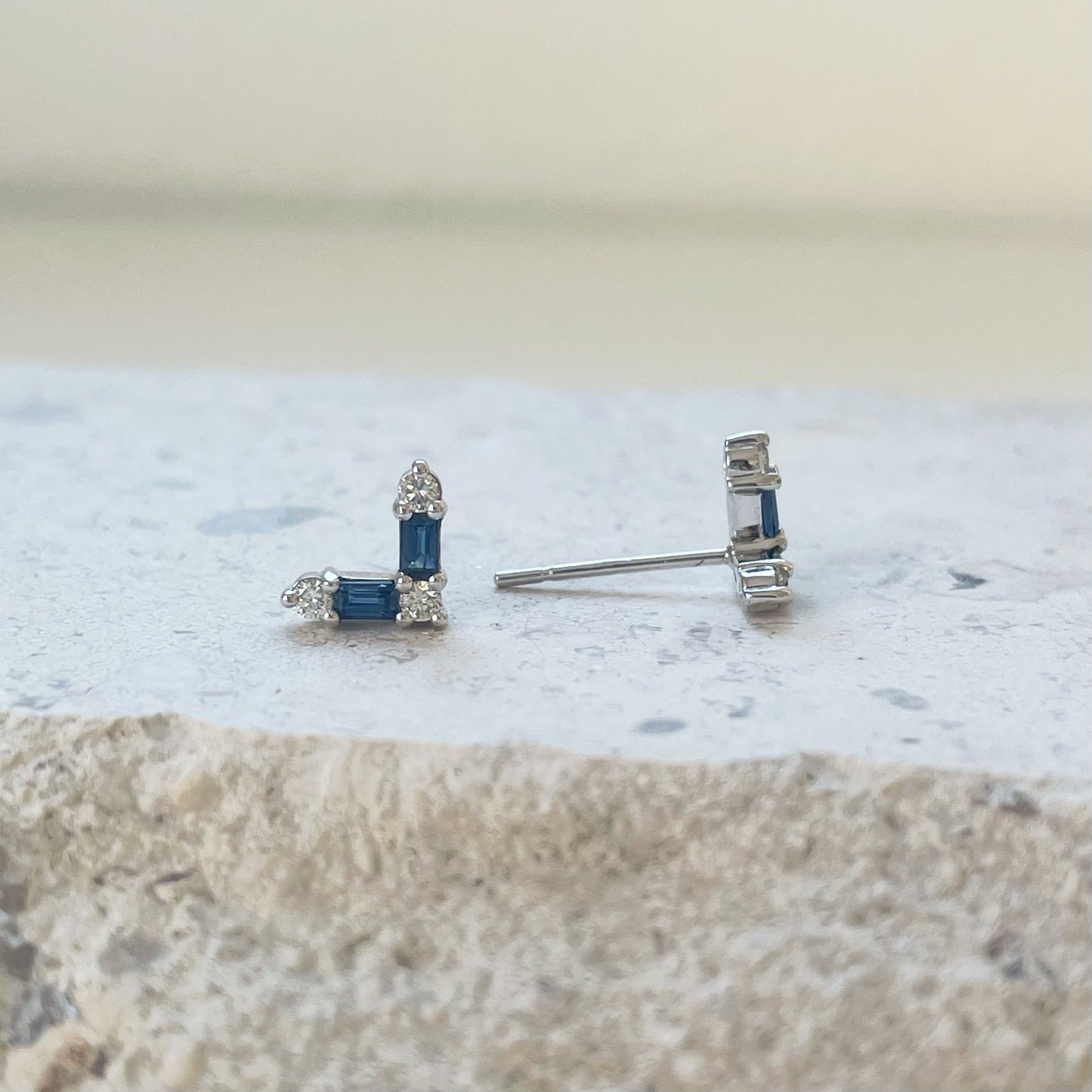 14K Solid Gold Sapphire and Diamond Chevron Studs