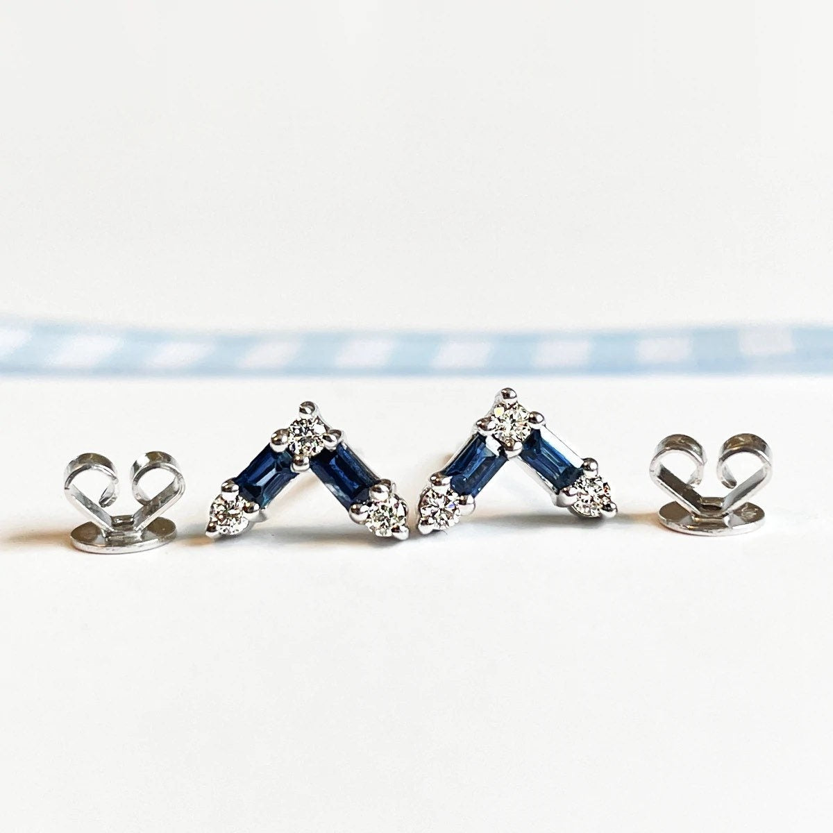 14K Solid Gold Sapphire and Diamond Chevron Studs