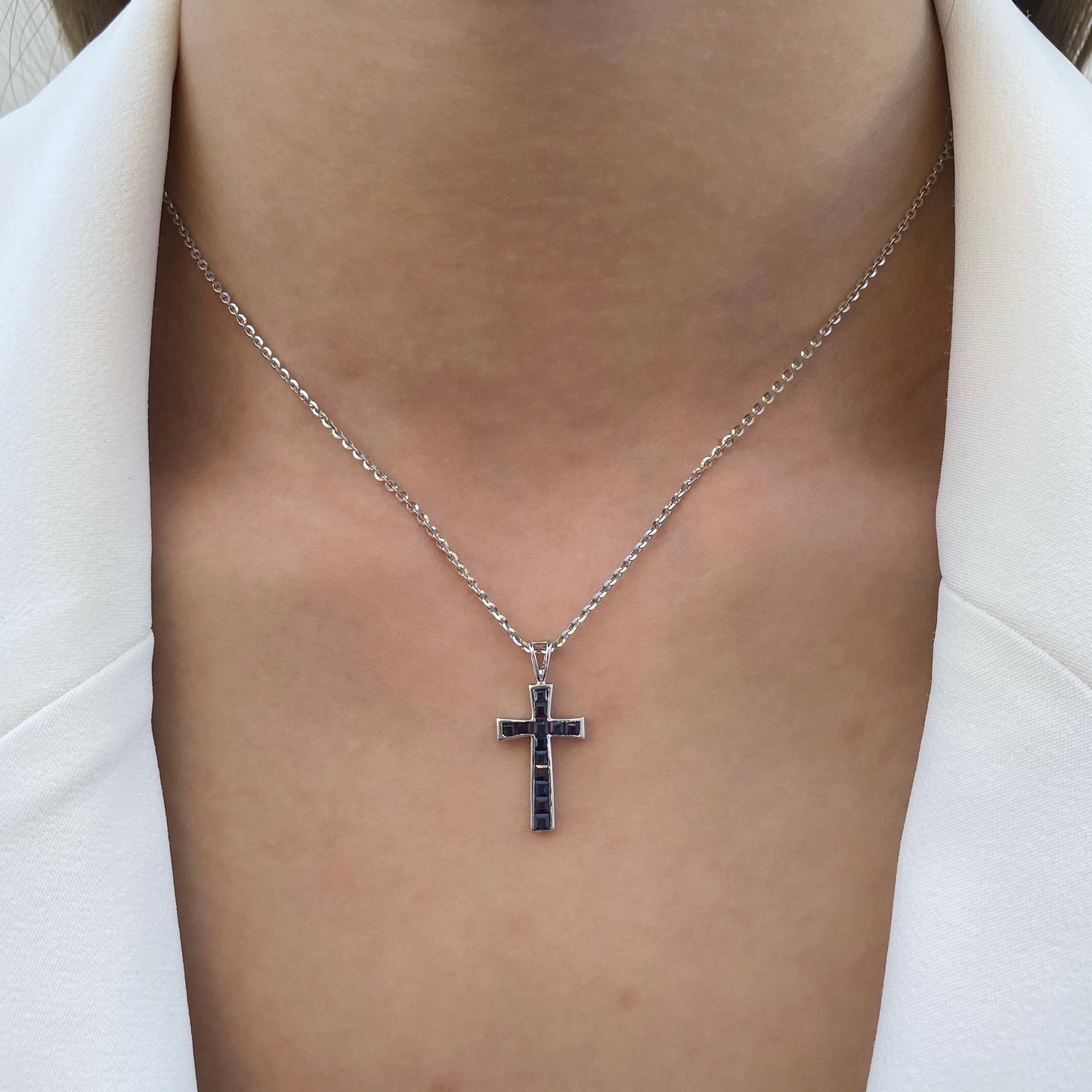 14K Solid Gold Sapphire Cross Pendant
