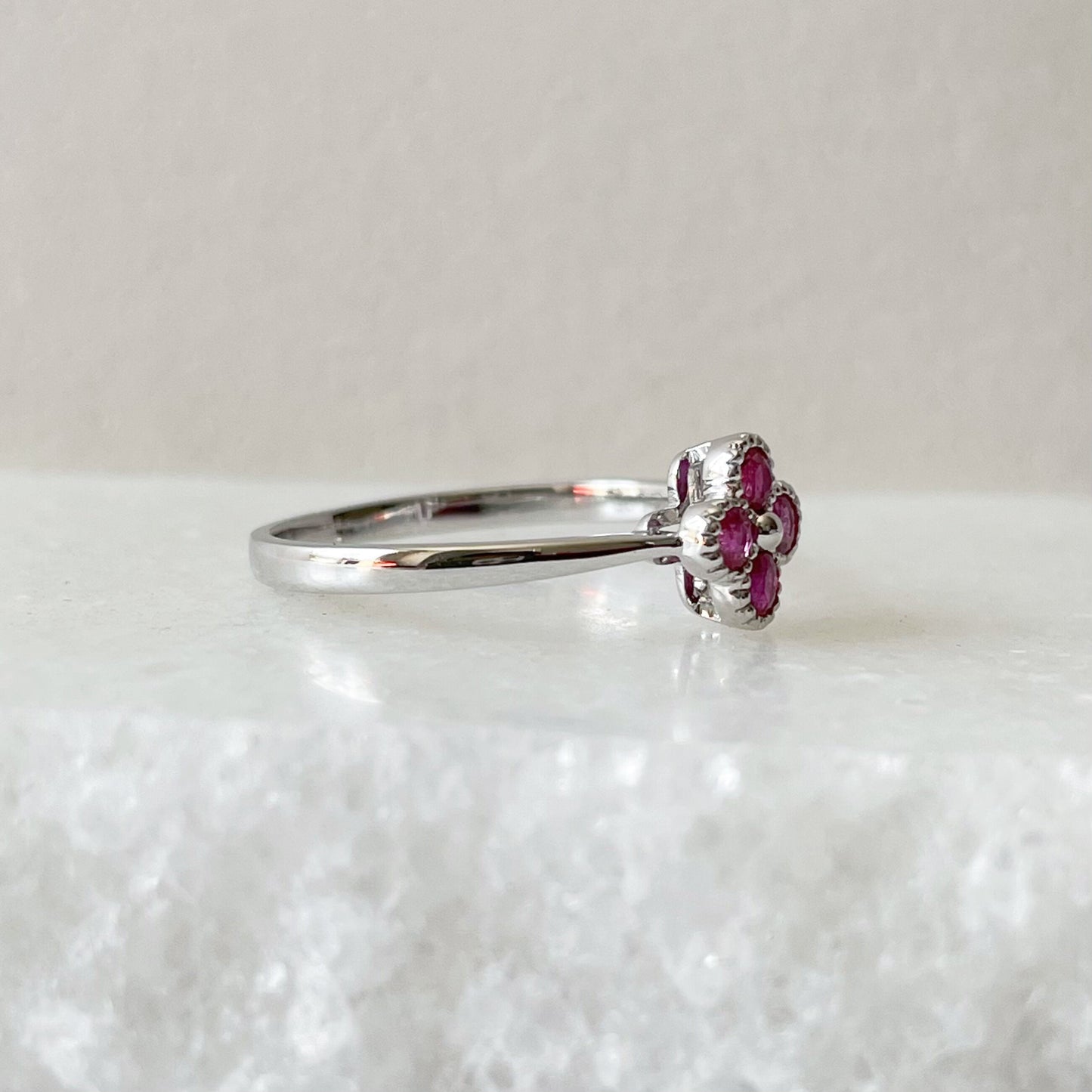 14K Solid Gold Genuine Ruby Clover Ring