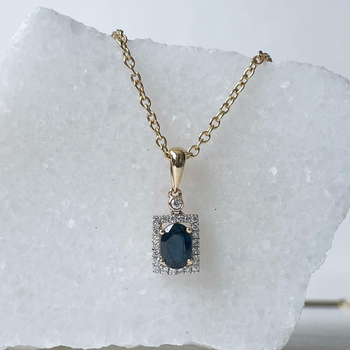 14K Solid Gold Genuine Sapphire and Diamond Pendant