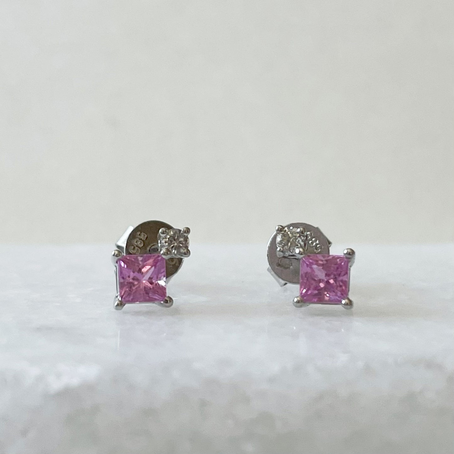 14K Solid Gold Genuine Pink Sapphire and Diamond Studs (pair)