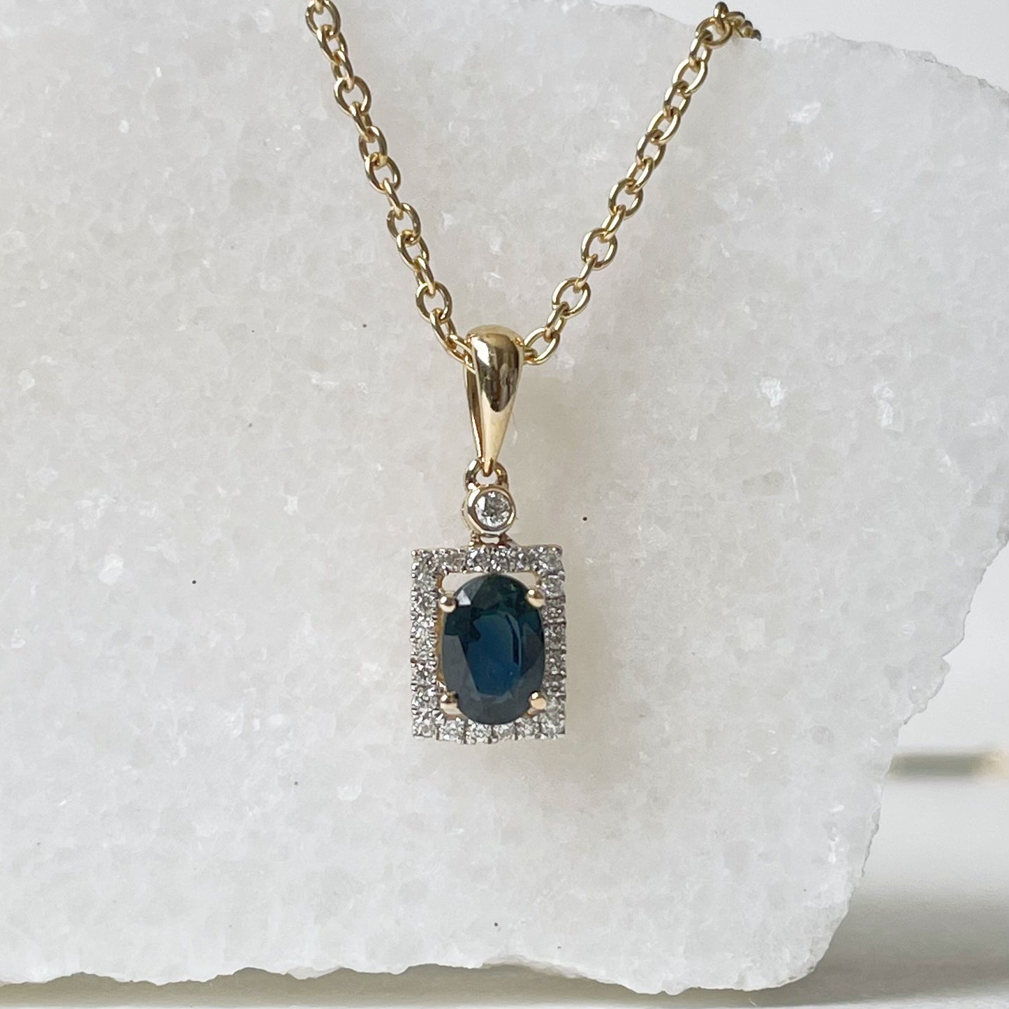 14K Solid Gold Genuine Sapphire and Diamond Pendant