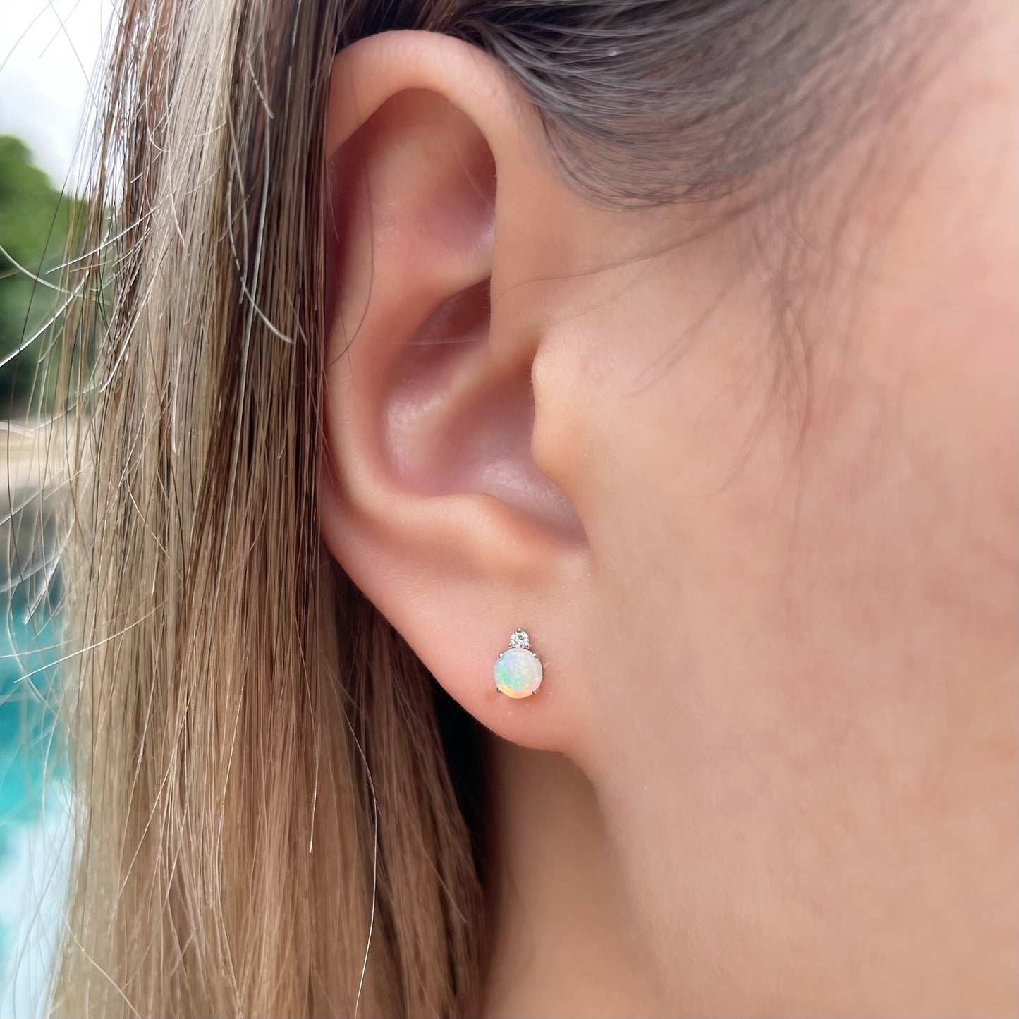 14K Solid Gold Genuine Opal and Diamond Stacked Studs/ Earring /Pair