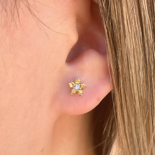 14K Solid Gold Genuine Orange Sapphire Flower Studs