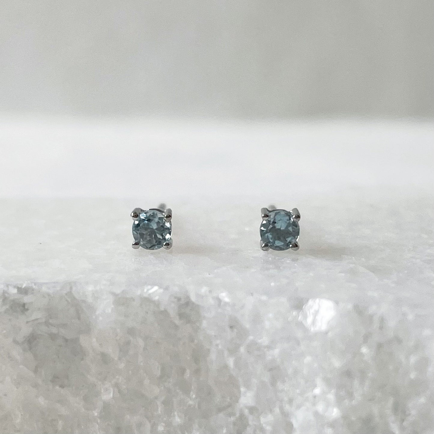 14K Solid Gold 3mm Genuine Aquamarine Studs/Pair