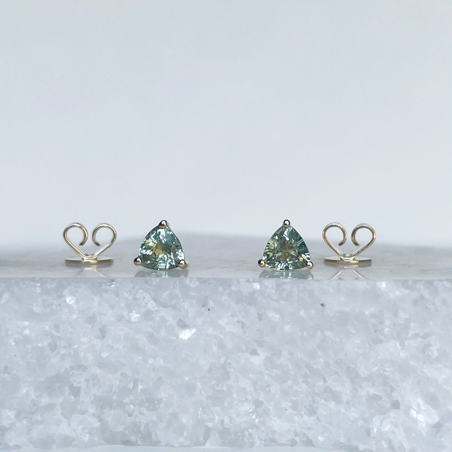 14K Solid Gold Genuine Green Sapphire Triangle Studs/Pair