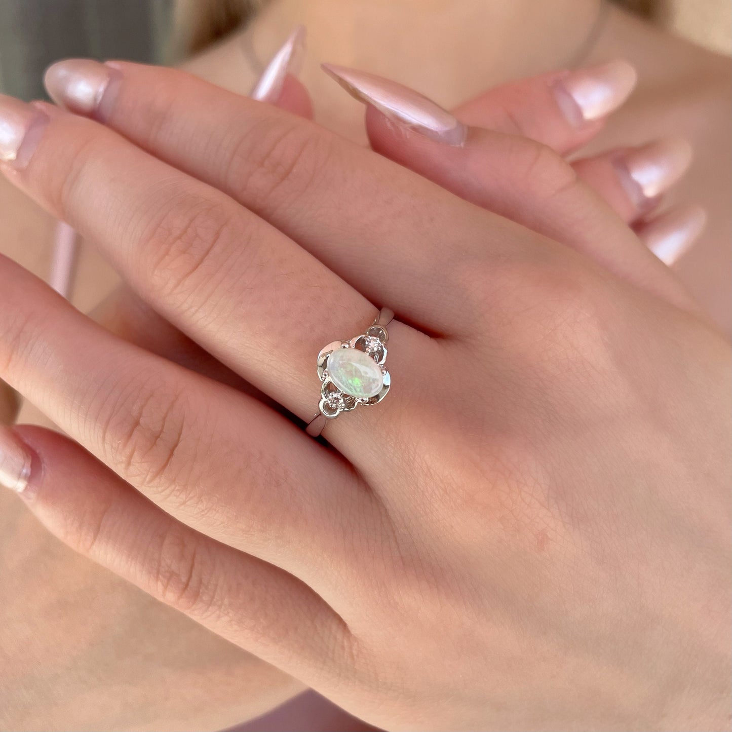 14K Solid Gold Genuine Opal and Diamond Ring