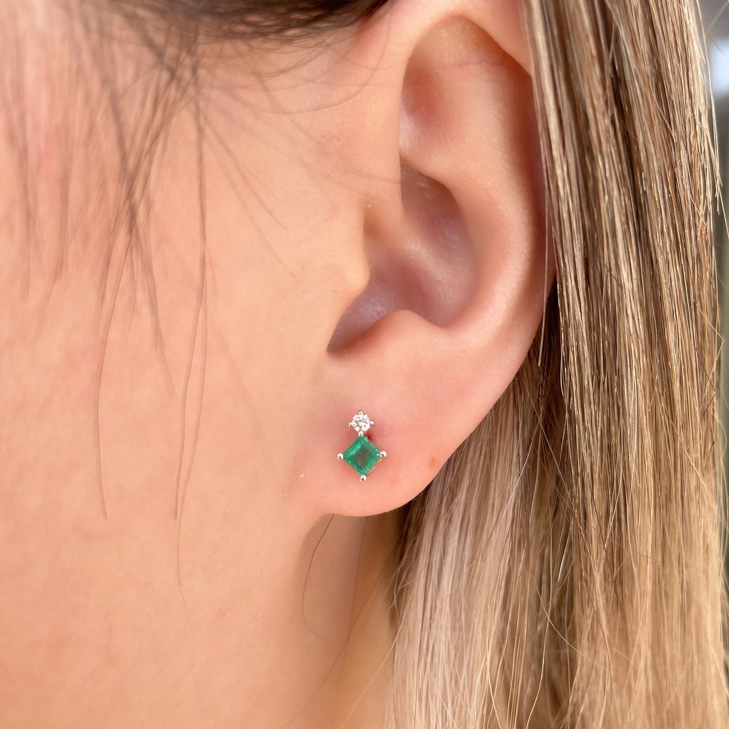 14K Solid Gold Genuine Diamond and Emerald Stacked Studs/Pair