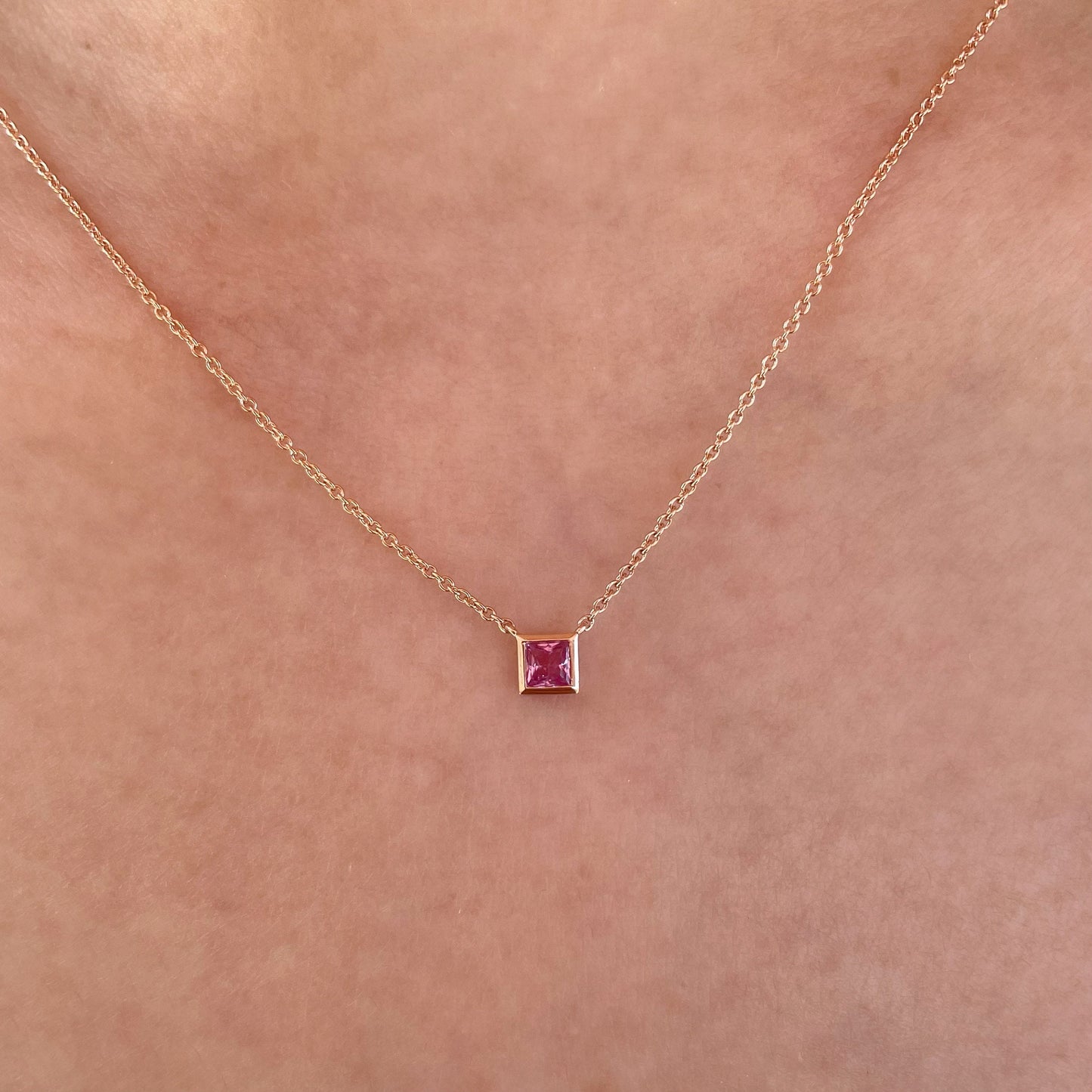 14K Solid Gold Genuine Pink Sapphire Square Necklace