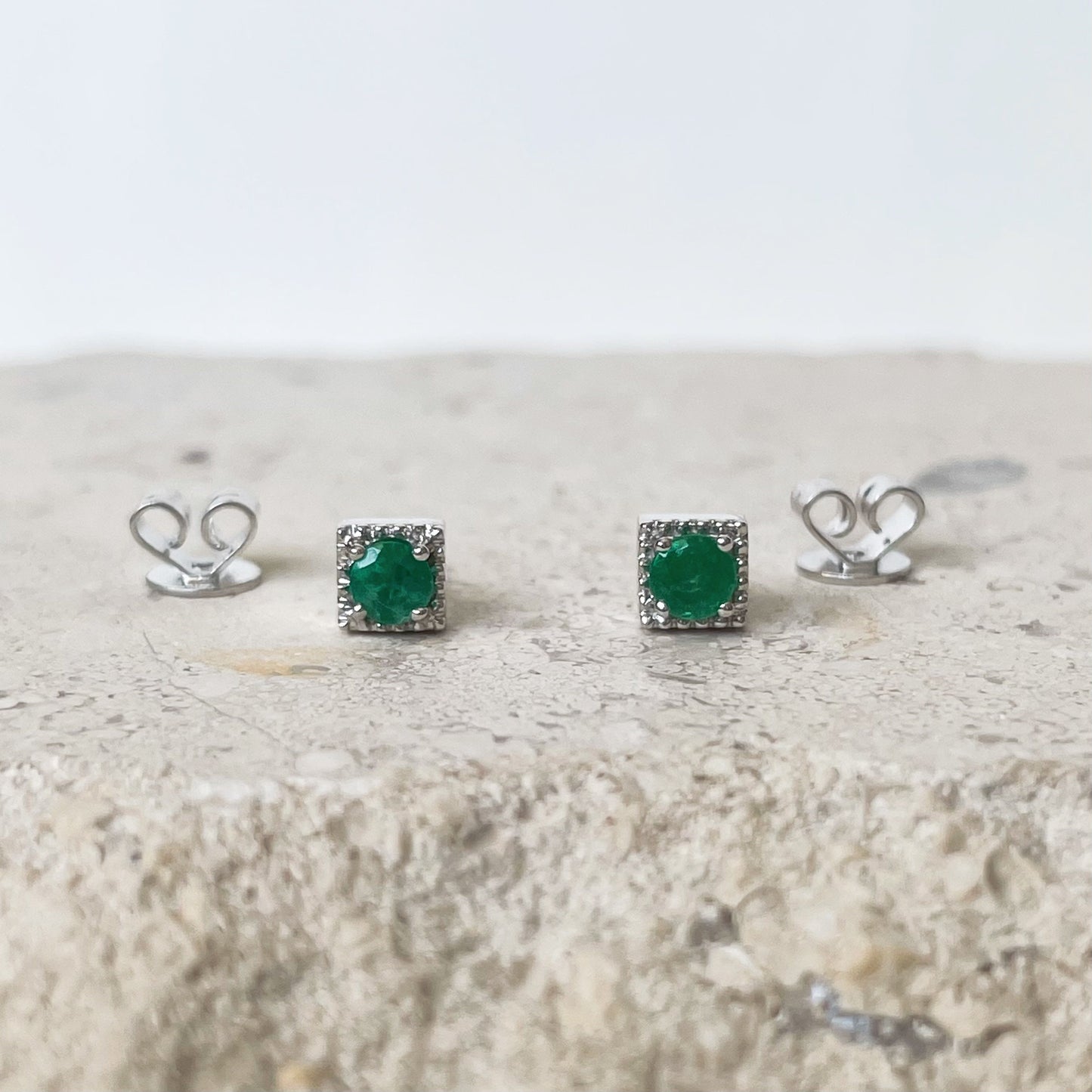 14K Solid Gold Genuine Emerald Square Studs/Pair