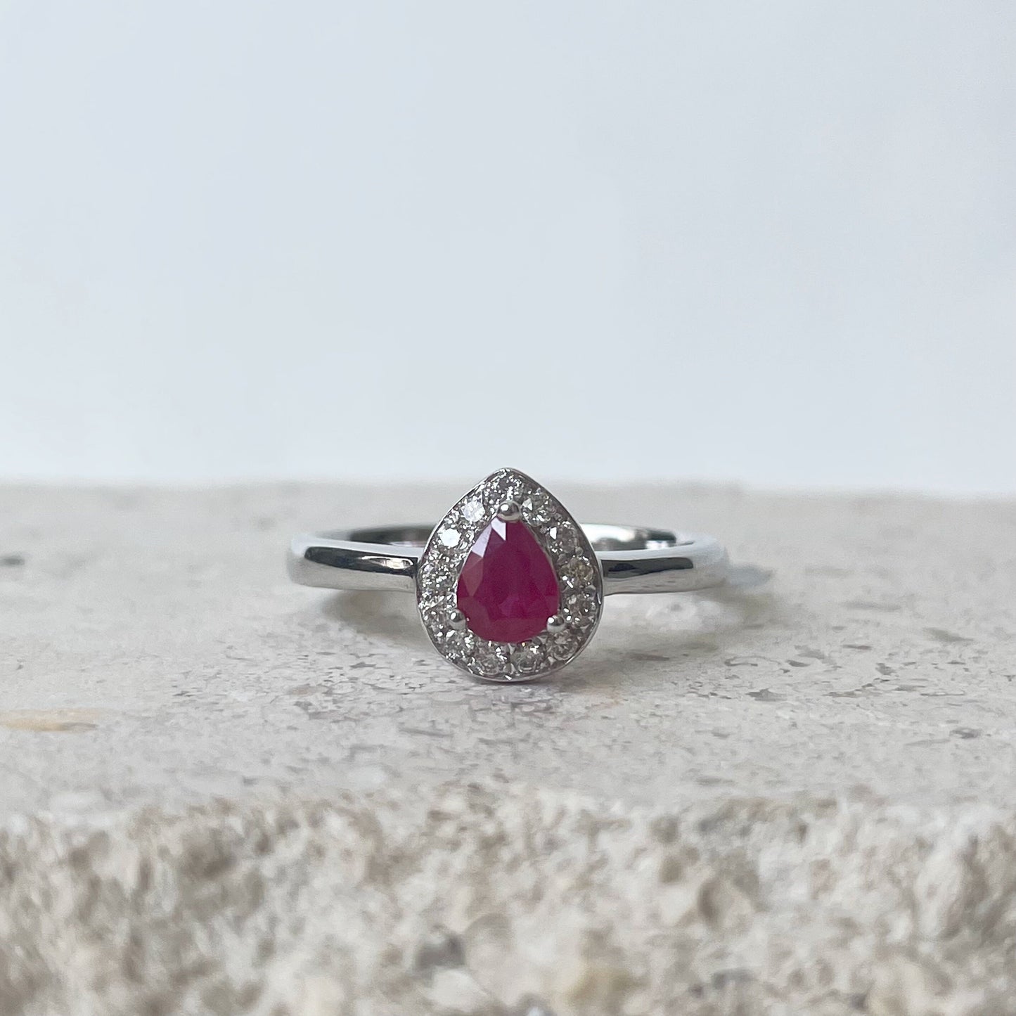 14K Solid Gold Genuine Teardrop Ruby and Diamond Ring