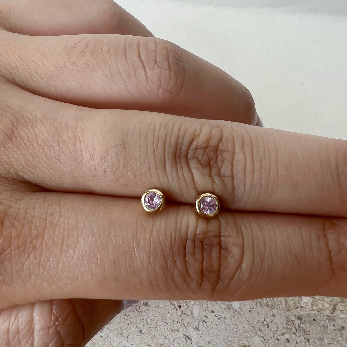 14K Solid Gold Genuine 4mm Pink Sapphire Bezel Studs/Pair