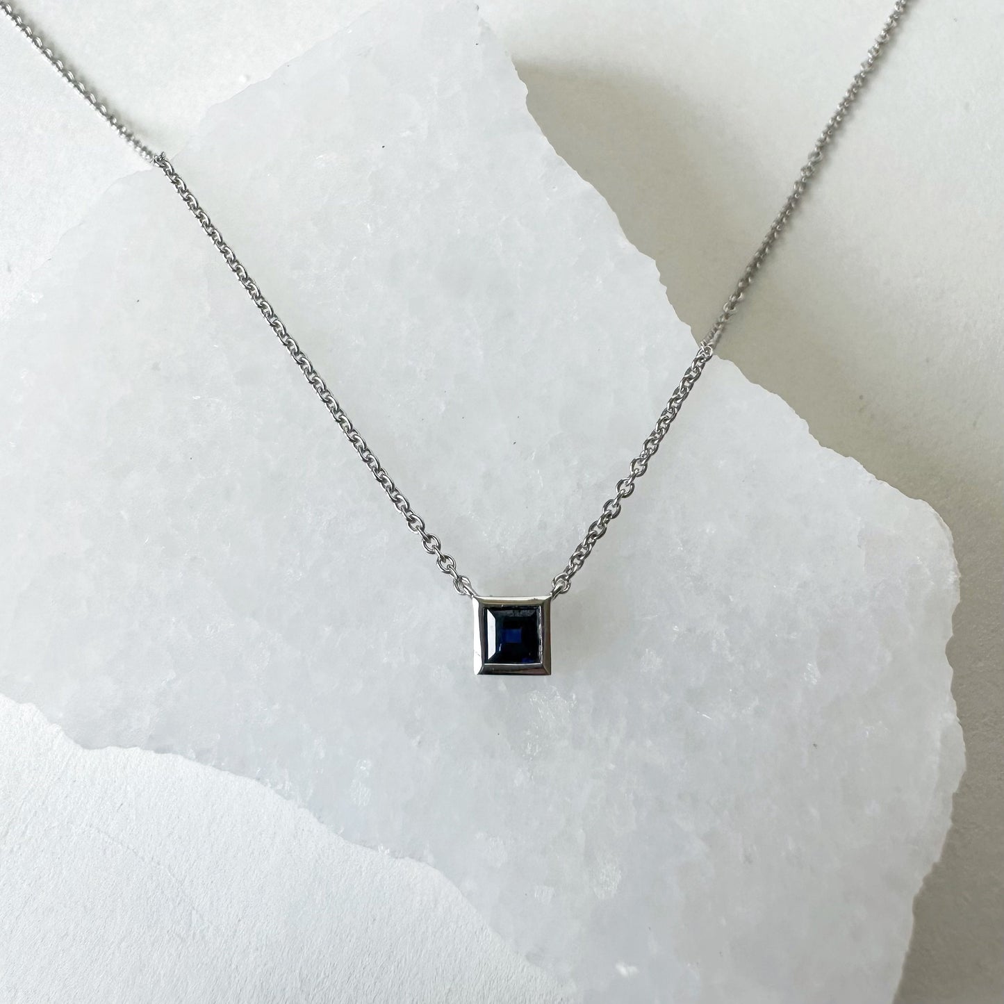 14K Solid Gold Genuine Square Sapphire Necklace