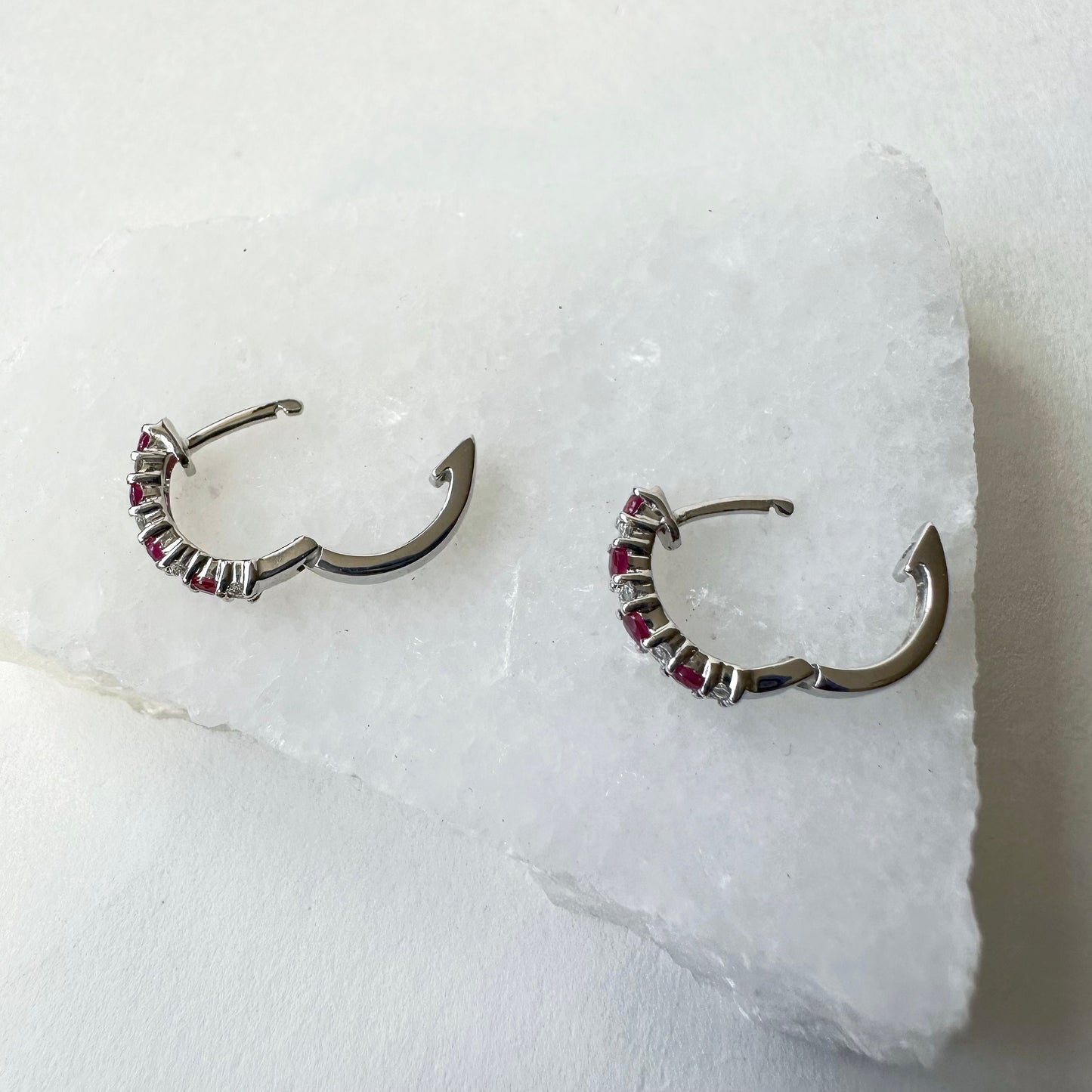 14K Solid Gold Genuine Ruby and Diamond Hoops/Pair