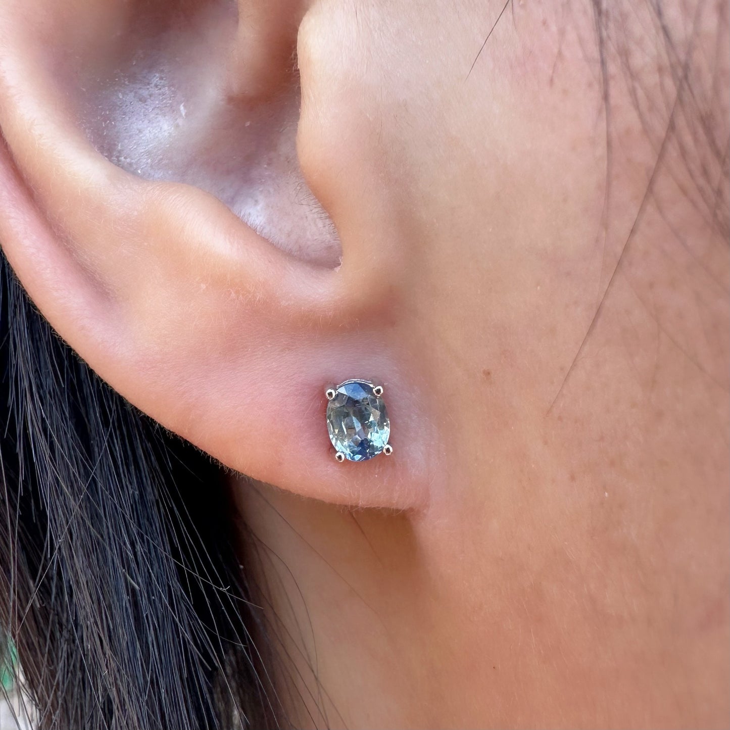 14K Solid Gold Genuine Ceylon Sapphire Oval Studs/Pair