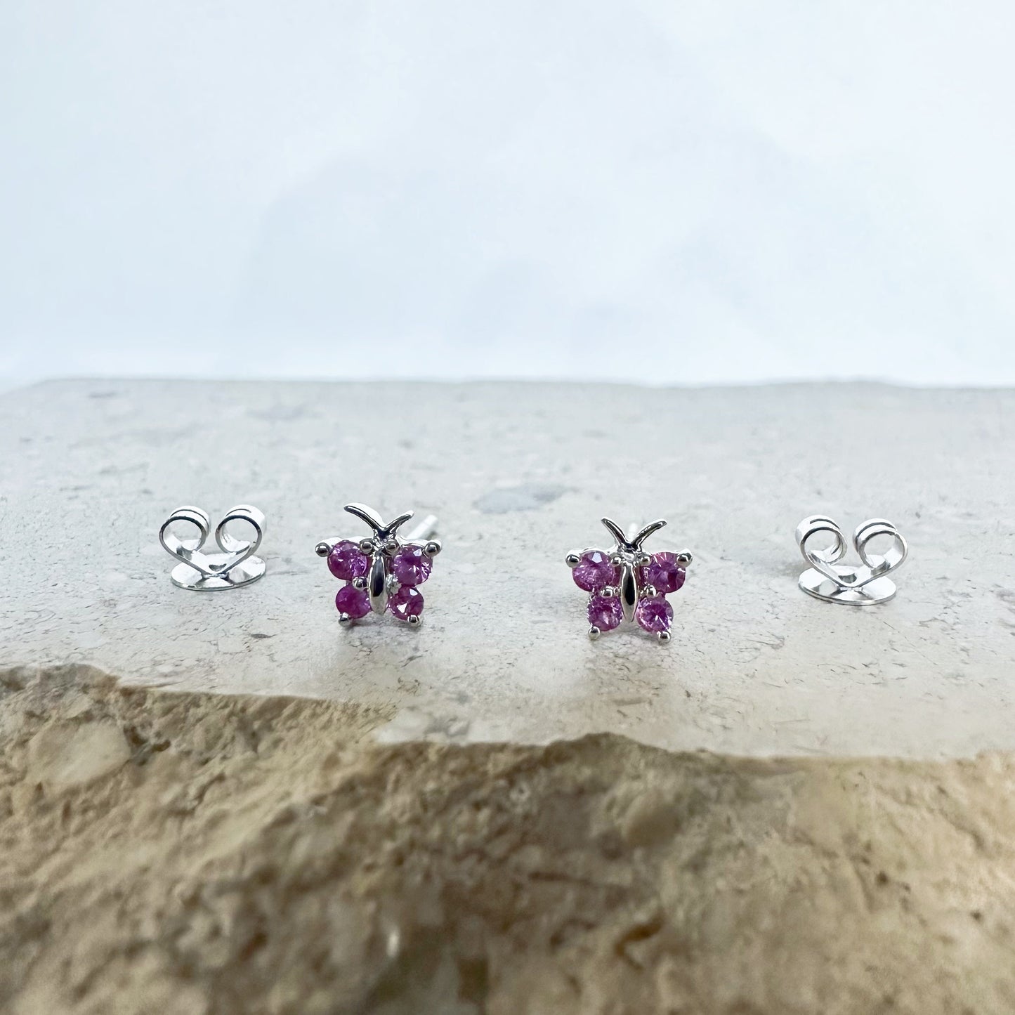 14K Solid Gold Genuine Pink Sapphire Butterfly Studs/Pair