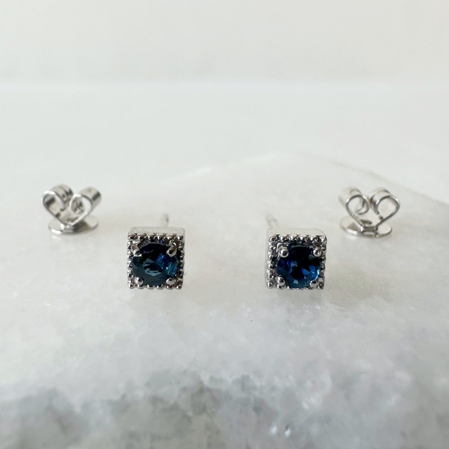 14K Solid Gold Genuine 4mm Sapphire Fancy Square Studs/Pair