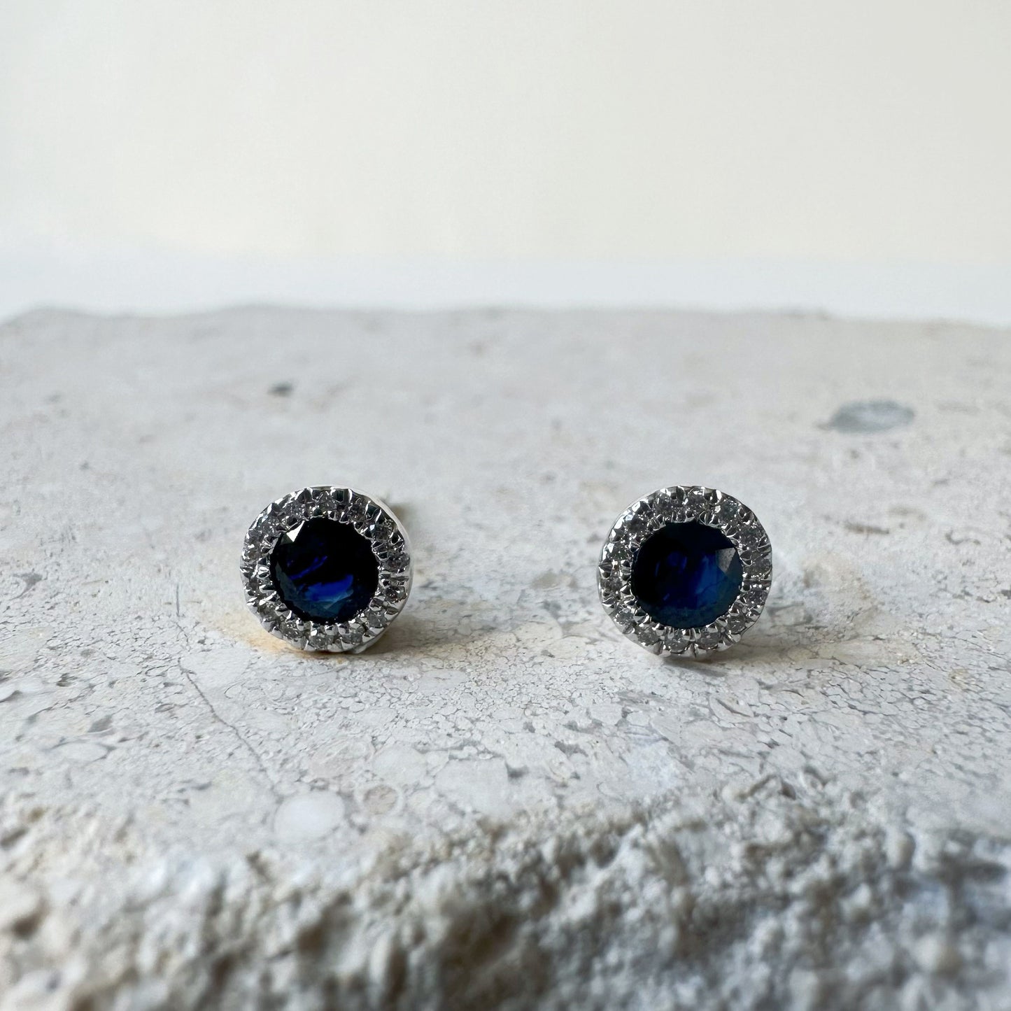 14K Solid Gold Genuine Diamond and Sapphire Halo Studs/Pair