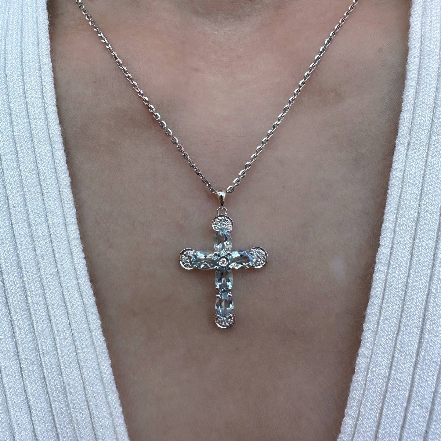 14K Solid Gold Genuine Aquamarine and Diamond Cross Pendant