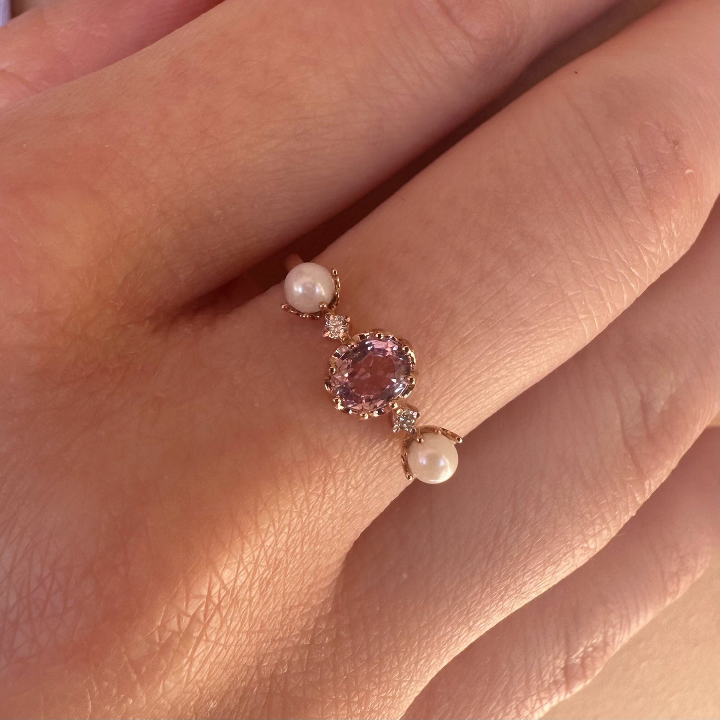 18K Solid White Gold or Rose Gold Genuine Pink Sapphire and Akoya Pearl Ring