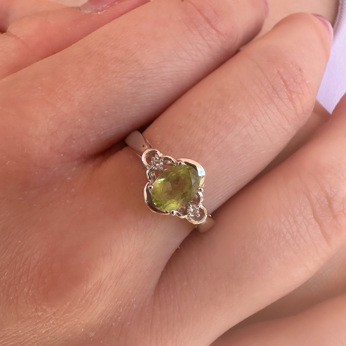 14K Solid Gold Genuine Peridot and Diamond Ring
