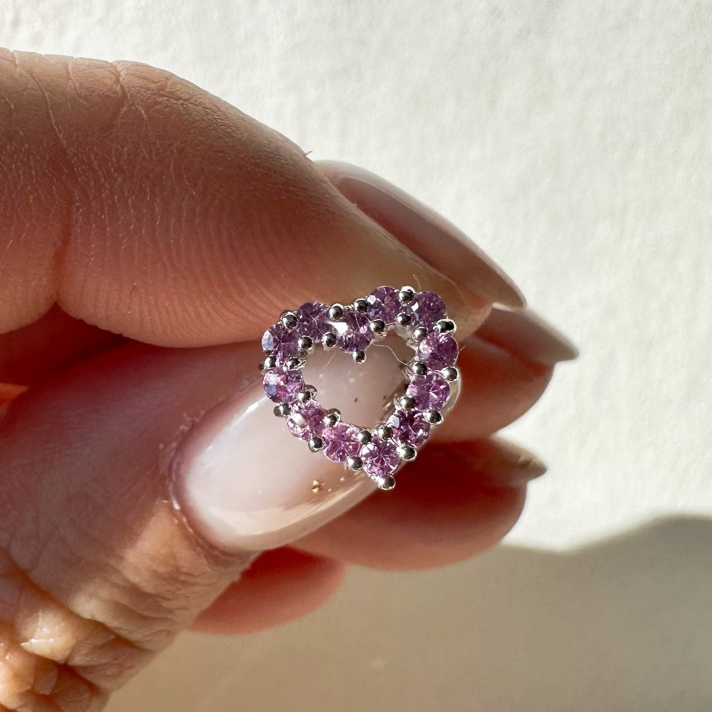 14K Solid Gold Genuine Pink Sapphire Heart Studs/Pair