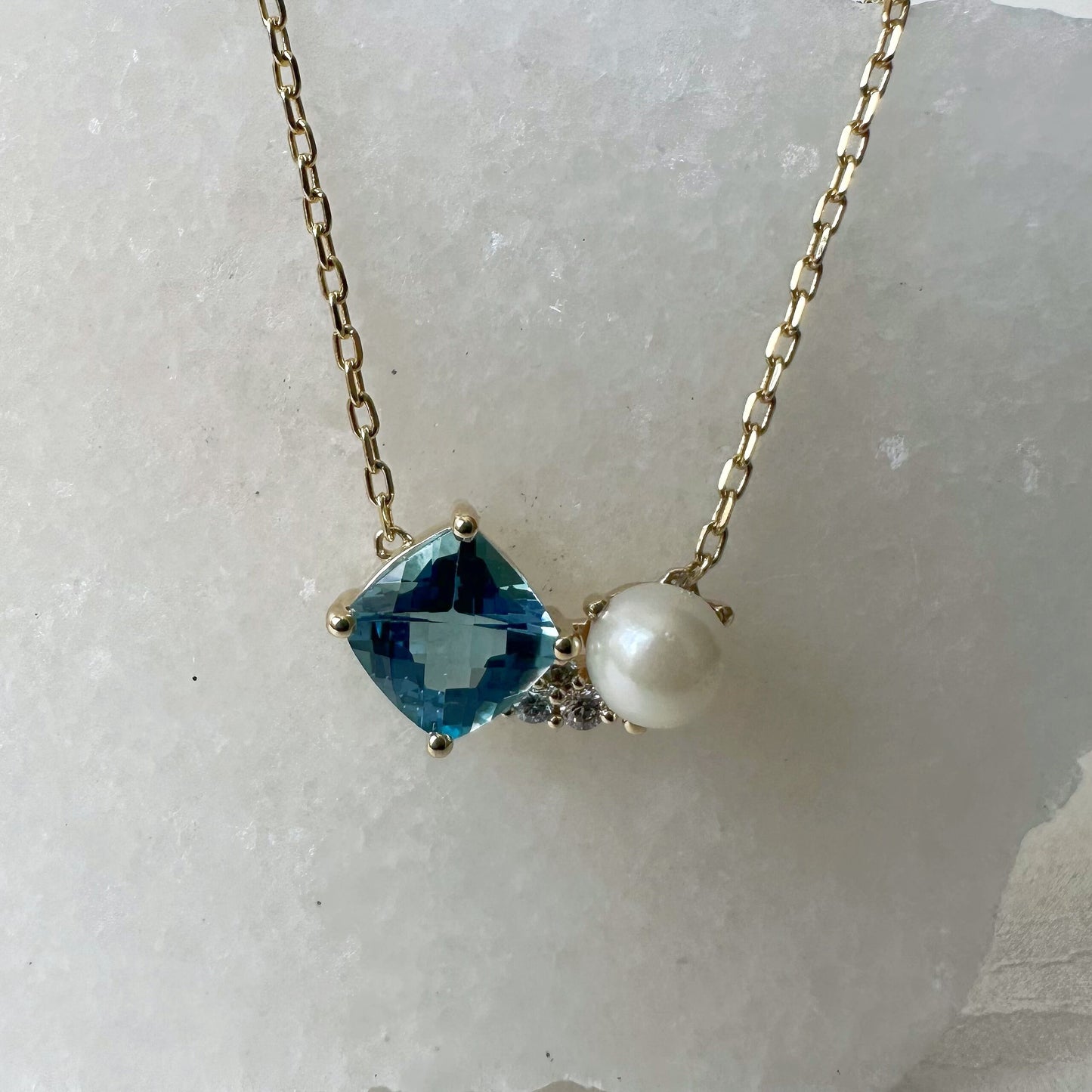 14K Solid Gold Genuine Blue Topaz, Pearl, and Diamond Necklace