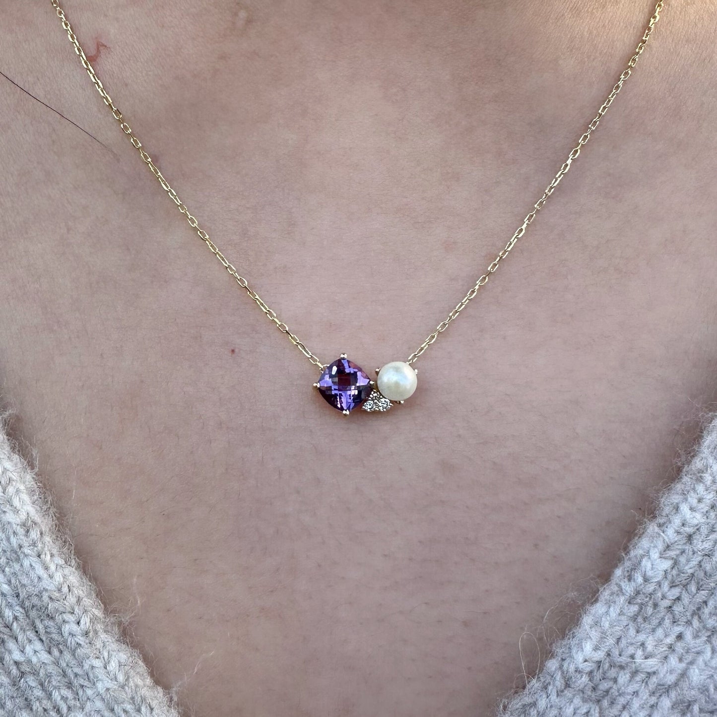 14K Solid Gold Genuine Blue Topaz, Pearl, and Diamond Necklace