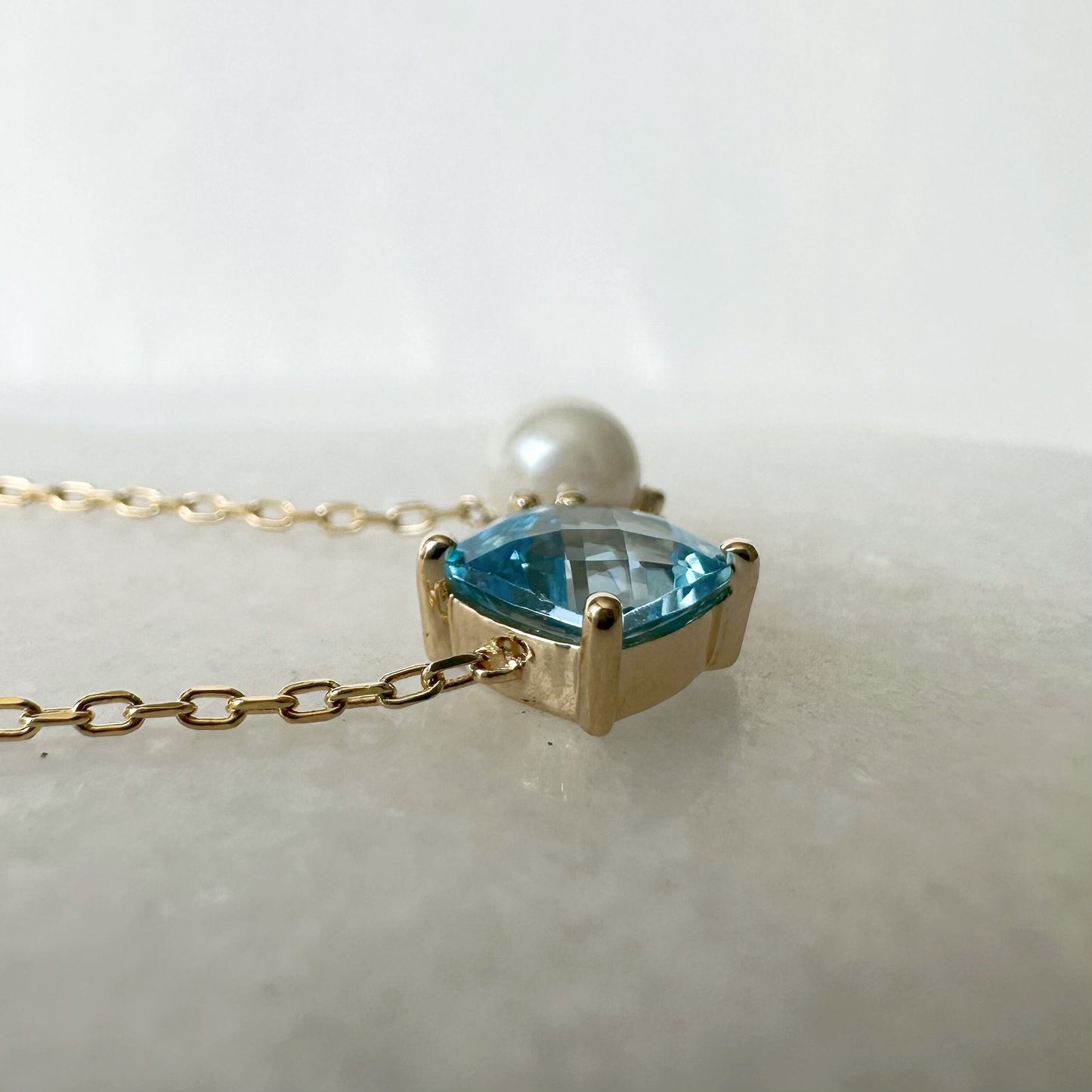 14K Solid Gold Genuine Blue Topaz, Pearl, and Diamond Necklace