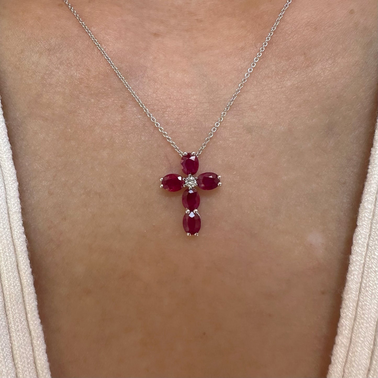18K Solid White Gold Genuine Ruby and Diamond Cross Pendant (Pendant Only)