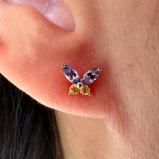 14K Solid Gold Genuine Tanzanite and Orange Sapphire Butterfly Studs/Pair