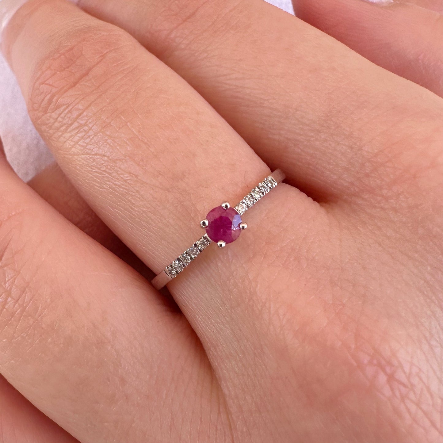 14K Solid White Gold Genuine Ruby and Diamond Ring