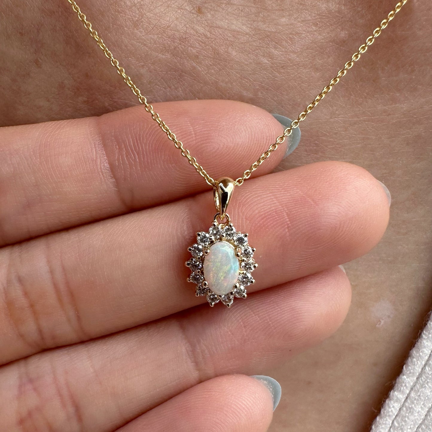18K Solid Yellow Gold Genuine Opal and Diamond Pendant (Pendant only)