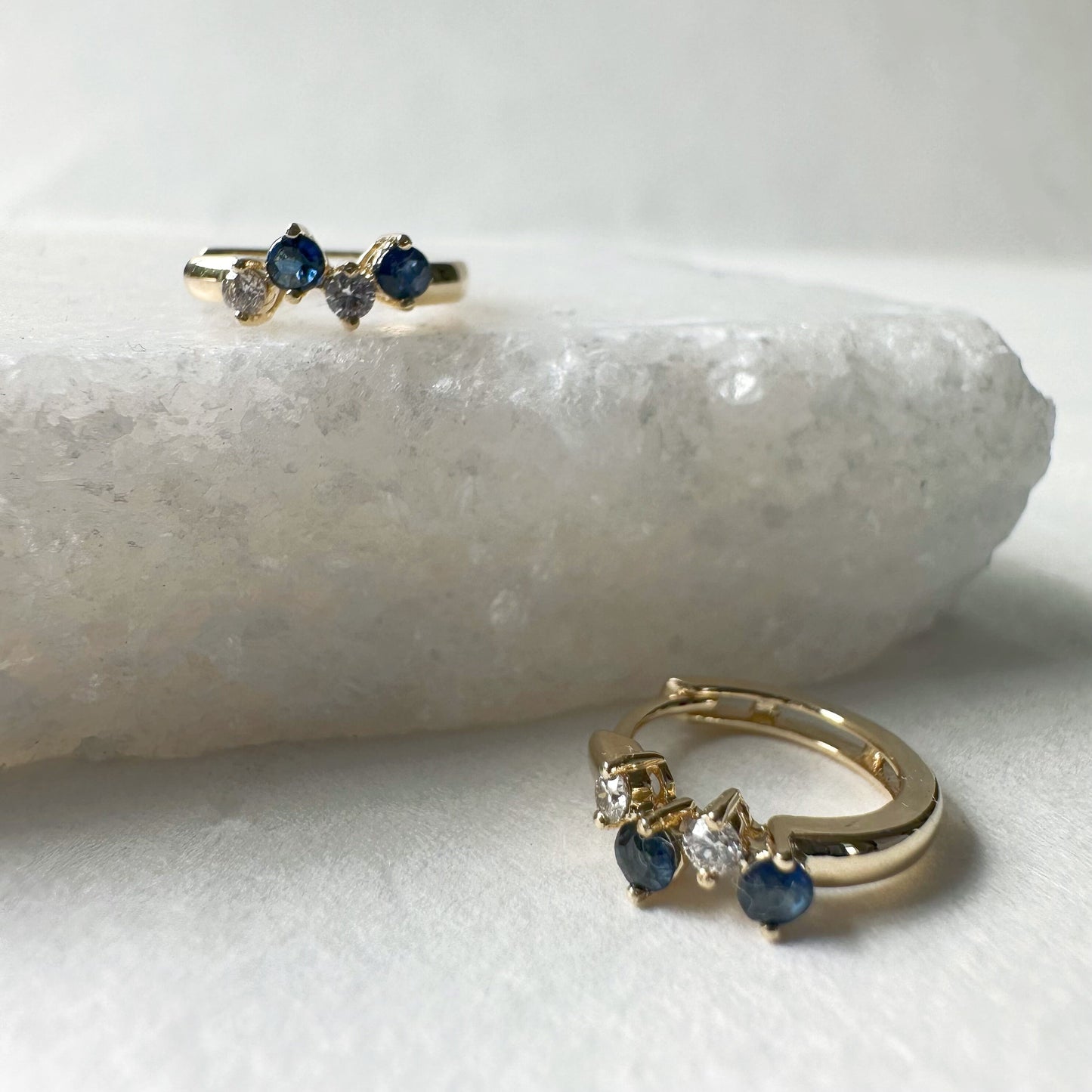 14K Solid Gold Genuine Diamond and Sapphire Cluster Huggies/Hoops/Pair