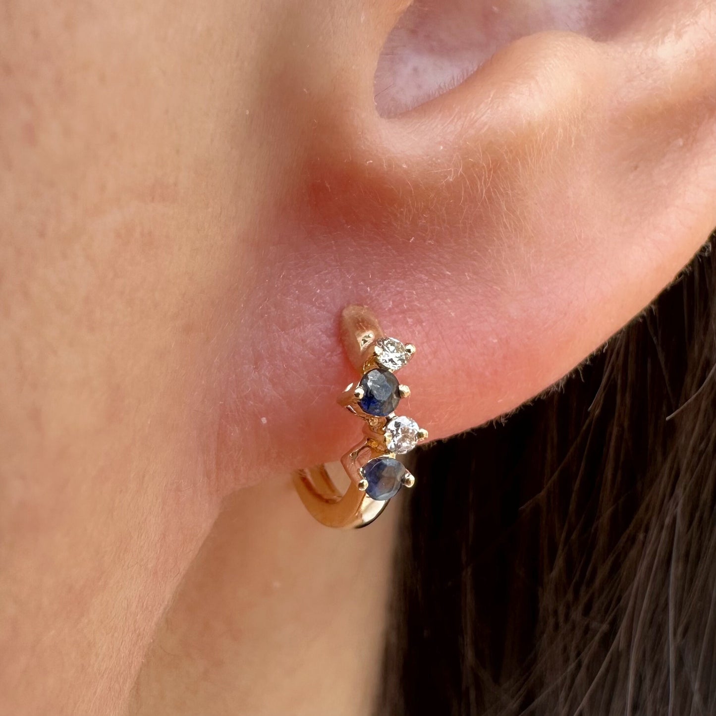 14K Solid Gold Genuine Diamond and Sapphire Cluster Huggies/Hoops/Pair