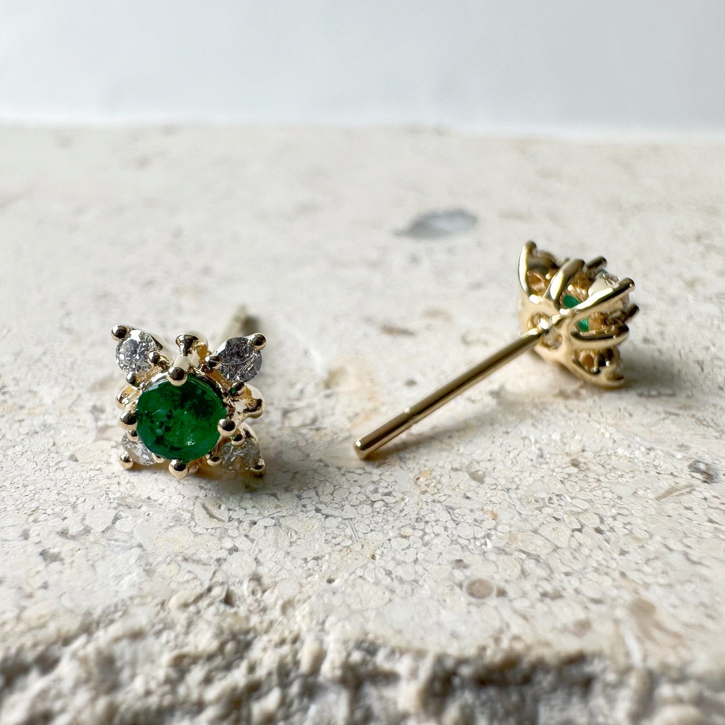 14K Solid Gold Genuine Emerald and Diamond Star Studs/Pair