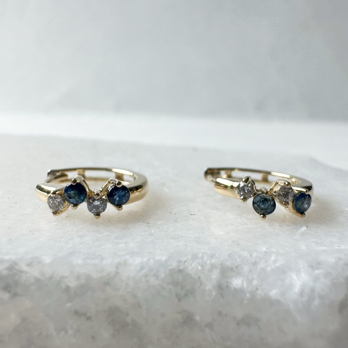 14K Solid Gold Genuine Diamond and Sapphire Cluster Huggies/Hoops/Pair