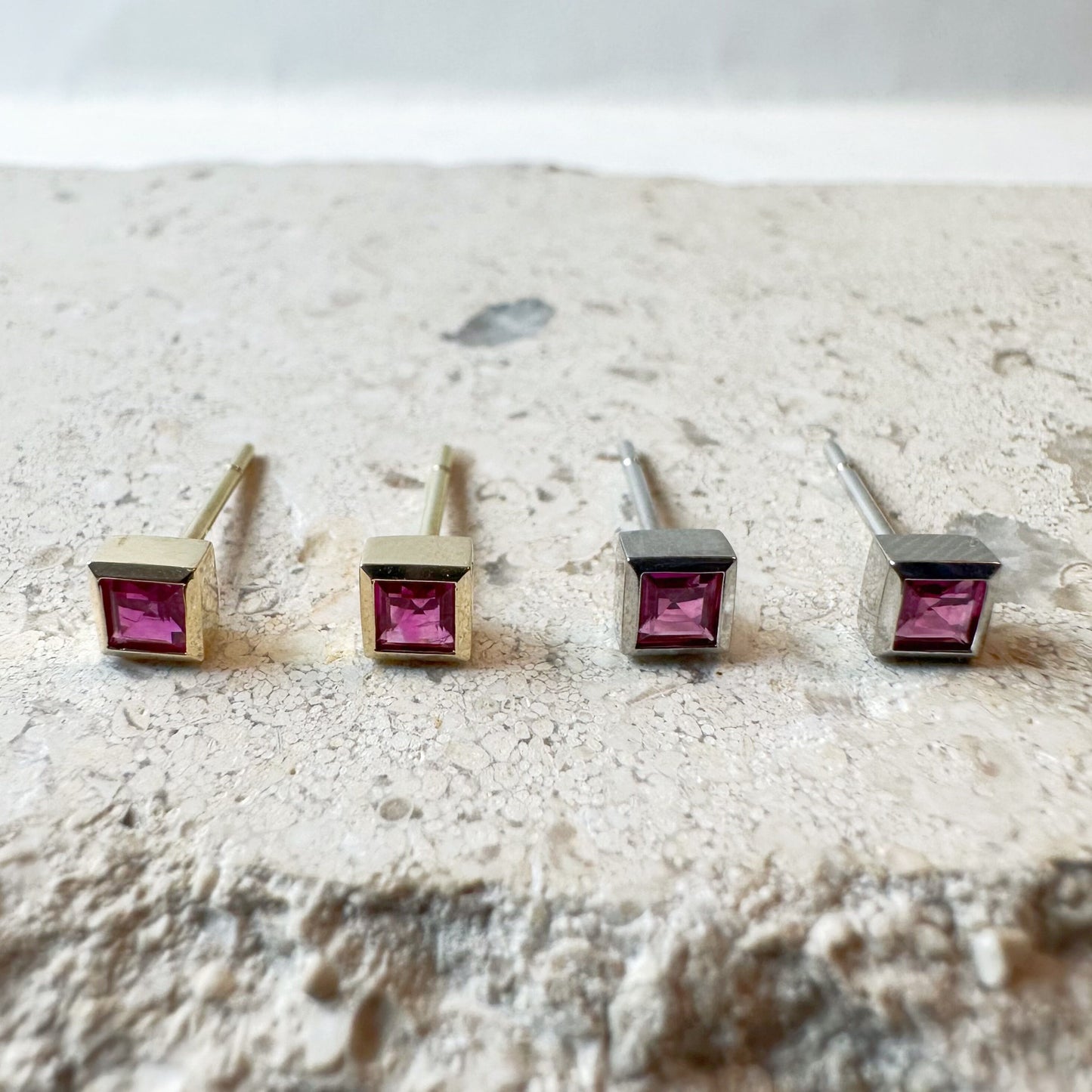 14K Solid Gold Genuine Square Ruby Bezel Studs/Pair