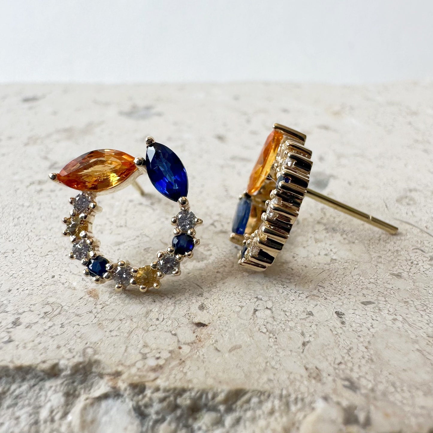 14K Solid Gold Genuine Color Sapphire and Diamond Halo Studs/Pair