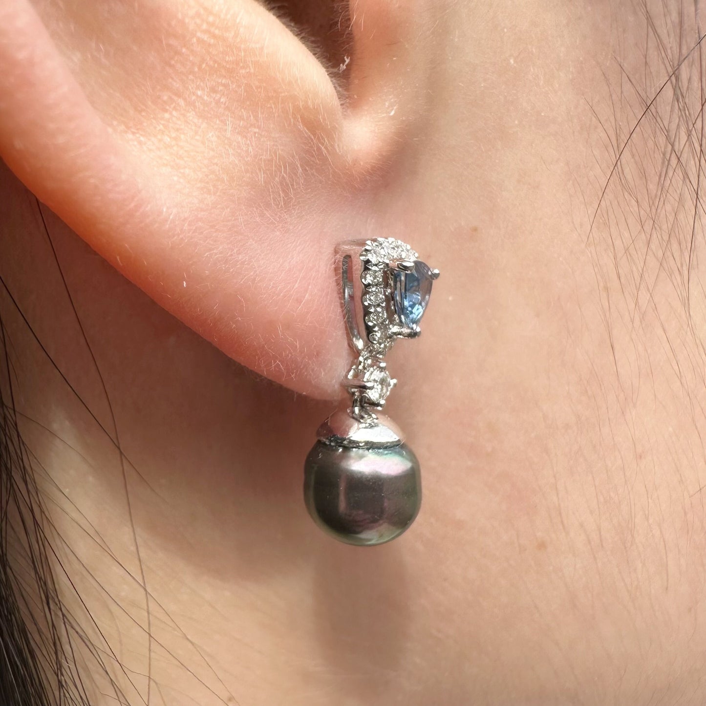 14K Solid Gold Genuine Akoya Black Pearl, Diamond, and Ceylon Sapphire Fancy Earrings/Pair