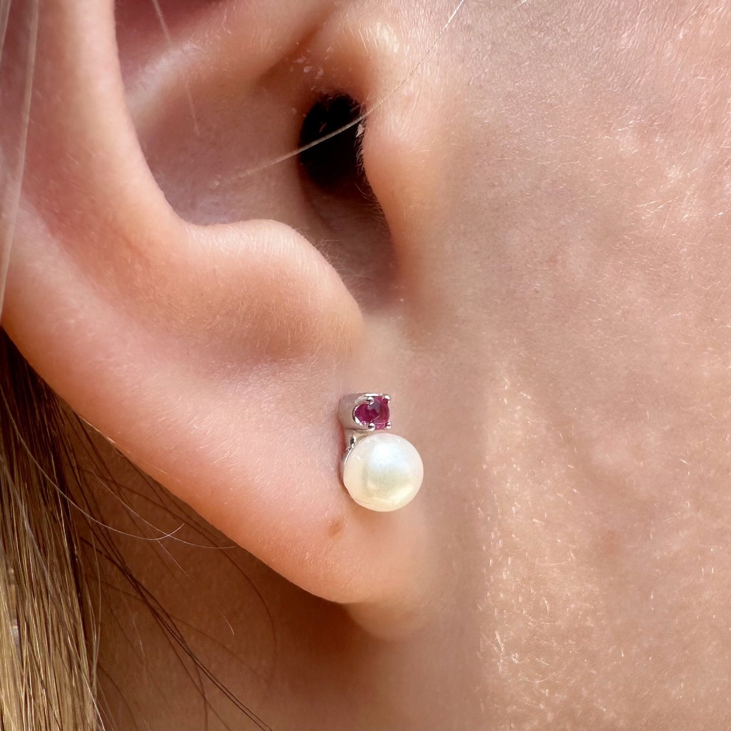 14K Solid Gold Genuine Akoya Pearl and Ruby Studs/Pair
