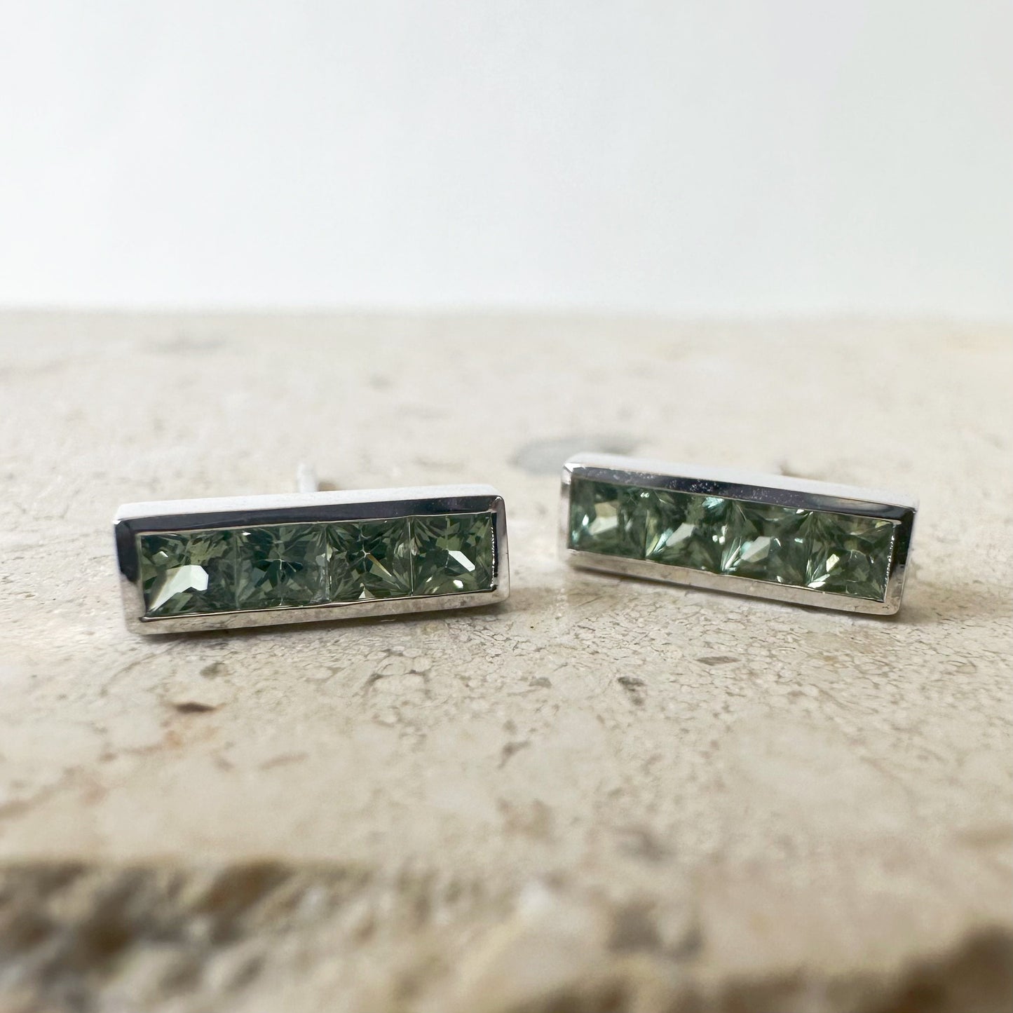 14K Solid Gold Genuine Green Sapphire Bezel Bar Studs/Pair