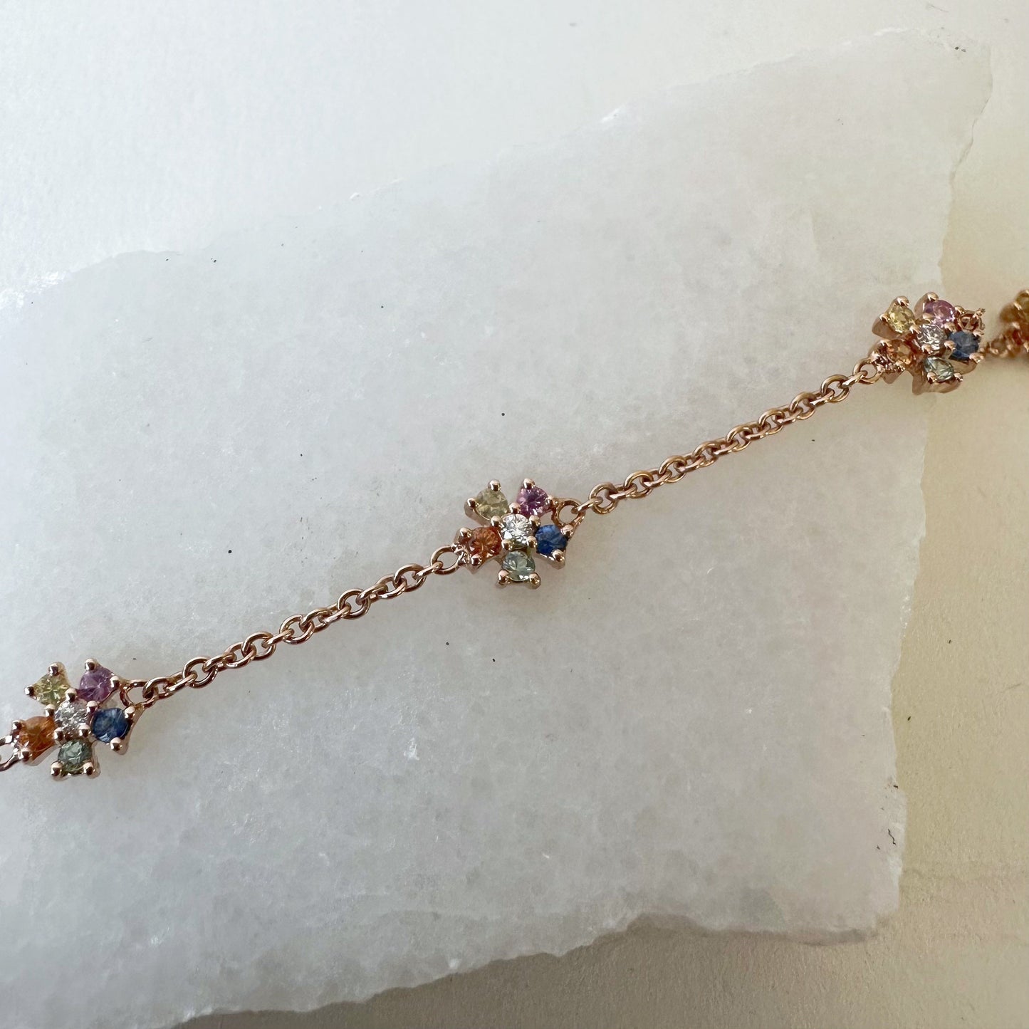 18K Solid Rose Gold Genuine Color Sapphire and Diamond Flowers Bracelet