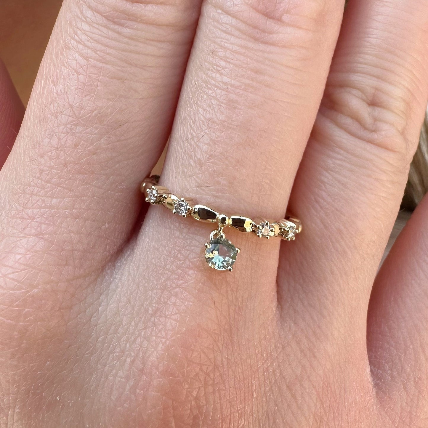 14K Solid Gold Genuine Green Sapphire and Diamond Dangle Ring