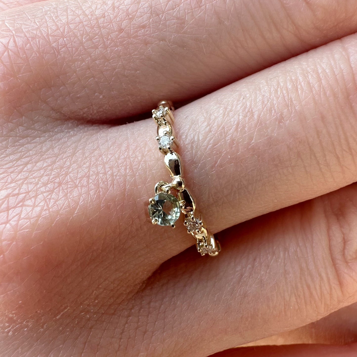 14K Solid Gold Genuine Green Sapphire and Diamond Dangle Ring