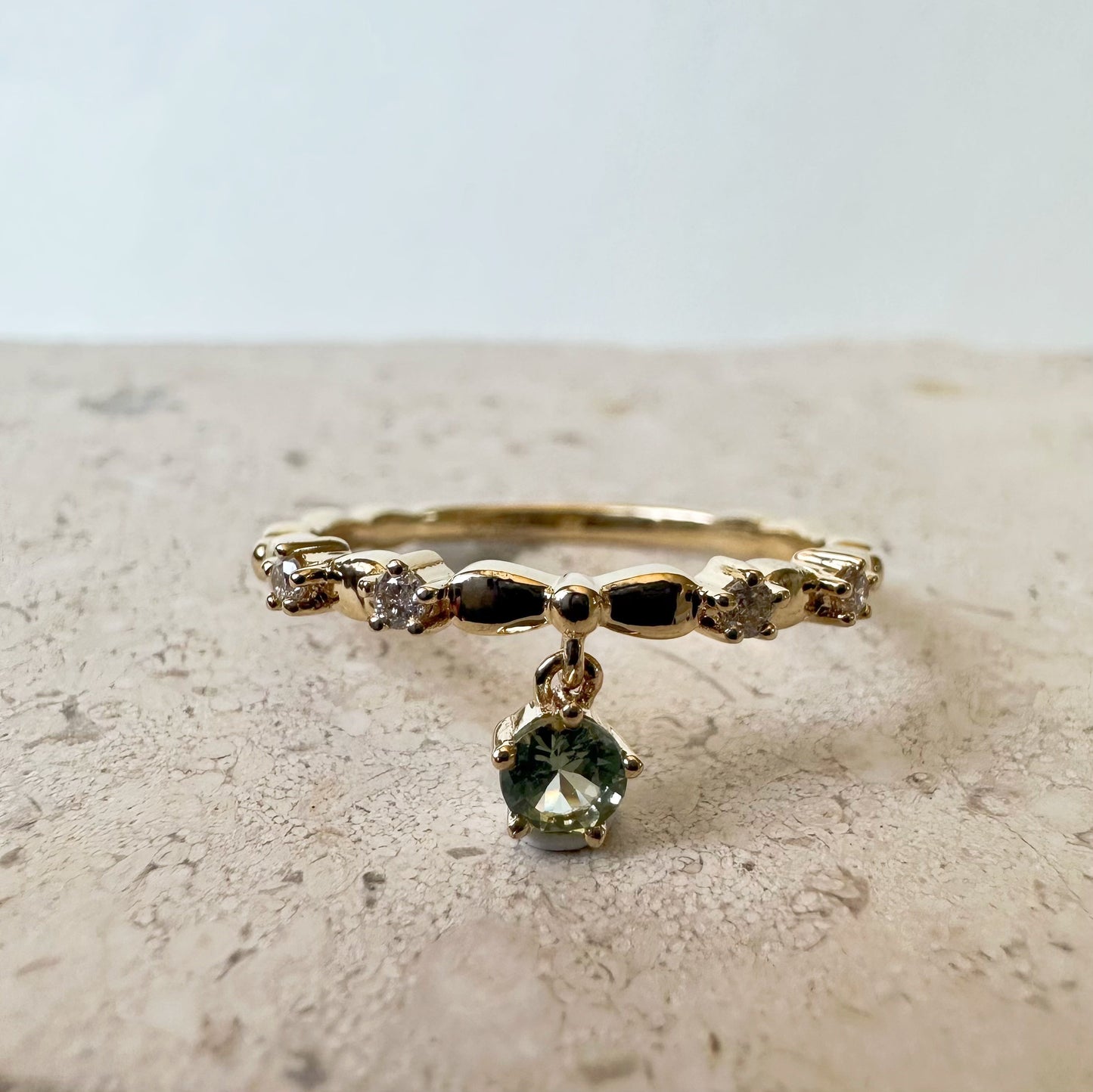 14K Solid Gold Genuine Green Sapphire and Diamond Dangle Ring